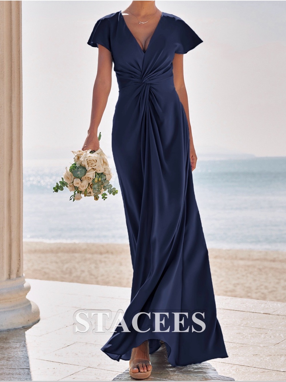 Stacees Dark Navy V-Neck Satin Bridesmaid Dress